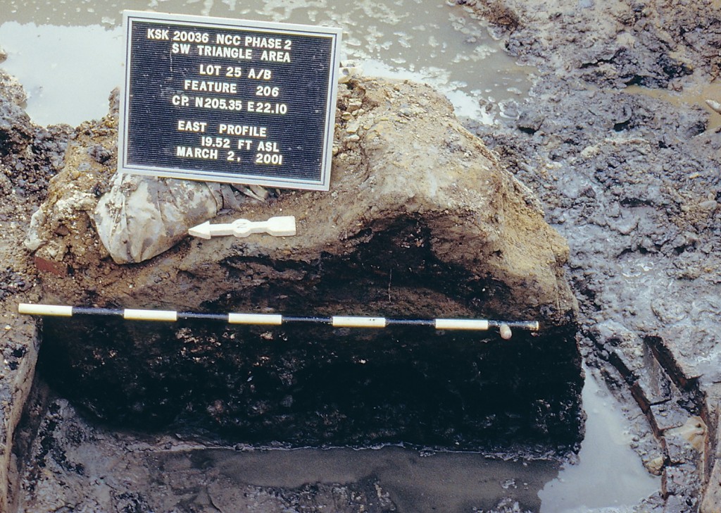 In 2001, fragments of a colonoware pot were found in a deposit of household trash at the bottom of this privy pit. Photo courtesy of Independence National Historical Park.
