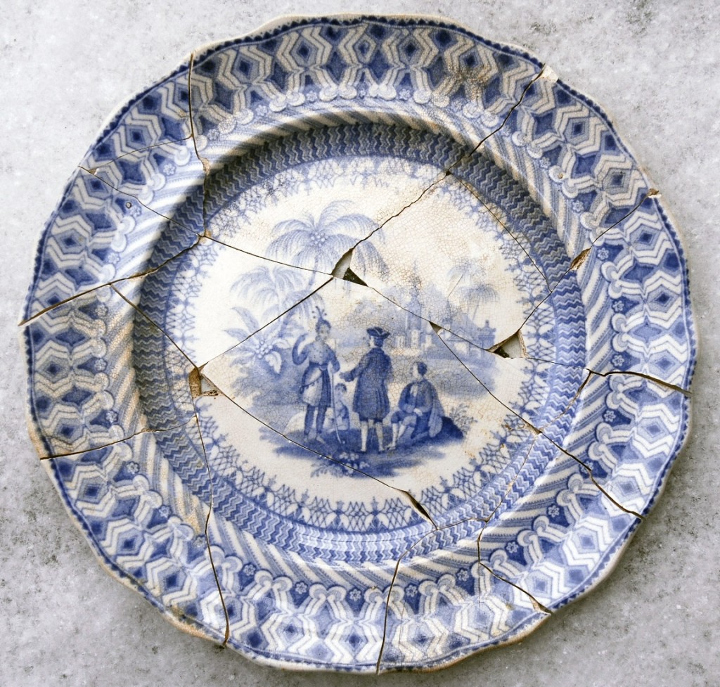 Transfer printed plate (F148C0221) recovered from Feature 148, National Constitution Center Site in Independence National Historical Park, Philadelphia, PA.  Image Courtesy of Independence National Historical Park.