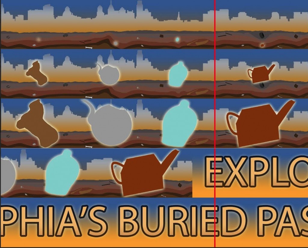Storyboard list for a 3D-annimated, Public Service Announcement video promoting the 2015 'Explore Philadelphia's Buried Past' event. Image courtesy of Ryan Rasing, Glen Muschio and Jonnathan Mercado of Drexel University.