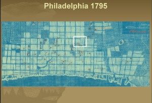 The location of the National Constitution Center block superimposed on a 1795 map of Philadelphia. (A. Keim, 2015).