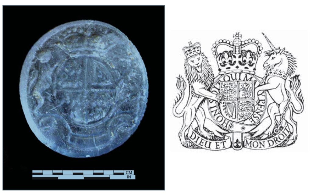 Gemstone with the British Royal Coat of Arms found at the bottom of the Humphreyses’ privy. Archaeologists excavated the privy, near 3rd and Chestnut Street, Philadelphia, in advance of the construction of the Museum of the American Revolution (opening 2017). (Photo courtesy of Juliette Gerhart: Plate 4.6., AS I of Feature 16, lot 77.)