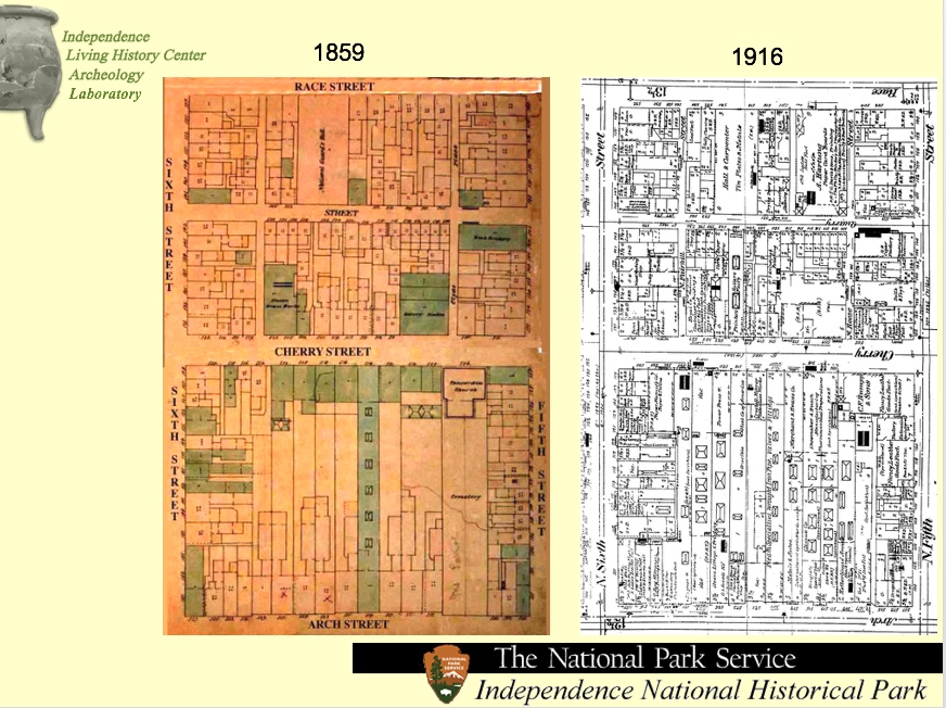 Property lines over time for the block of Philadelphia where the National Constitution Center now stands.